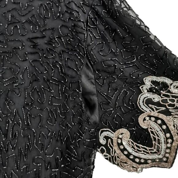 Vintage Black Silk Top Hand Embellished with Silver Beads & Sequins | Laurence K - Picture 5 of 6